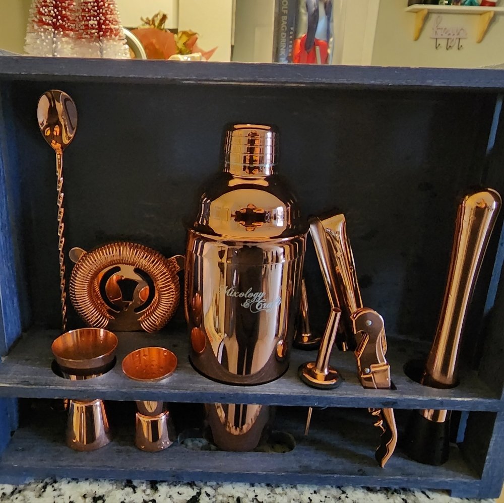 Mixology & craft set with rustic blue wood stand